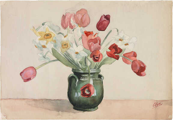 Романова Ольга Александровна (Великая Княгиня). Нарциссы и тюльпаны в зеленой вазе